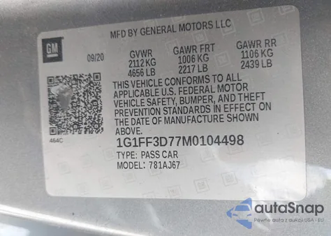 2021 Chevrolet Camaro Rwd Lt1 z USA, uszkodzony, nr VIN 1G1FF3D77M0104498